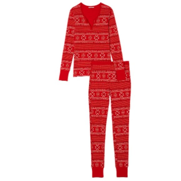 VICTORIA'S SECRET M Regular Length Thermal Long Pajama Set Fair Isle PJ PJs P.J. - Picture 3 of 4